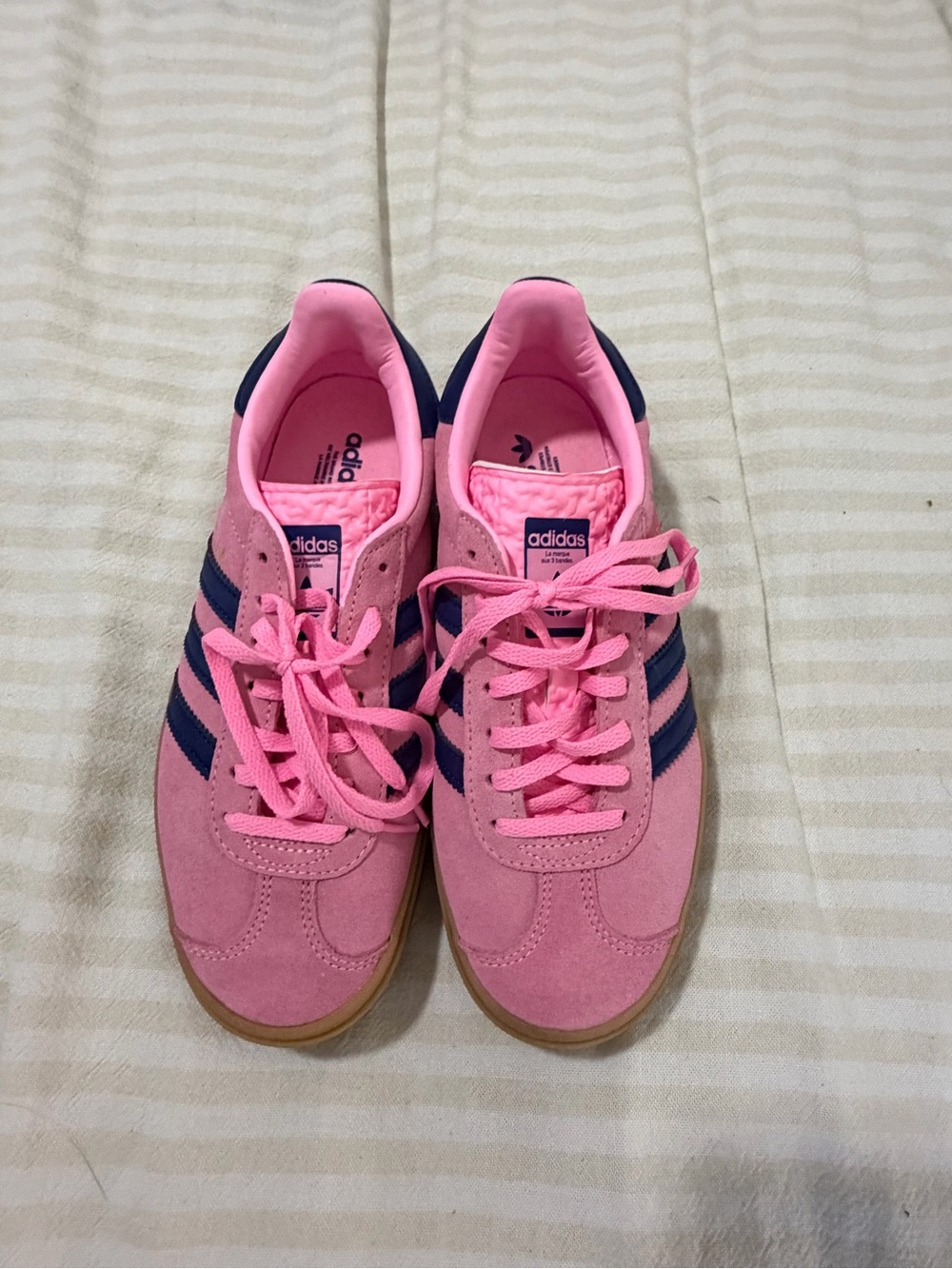 adidas Kids Pink Suede Sneakers with Navy Stripes